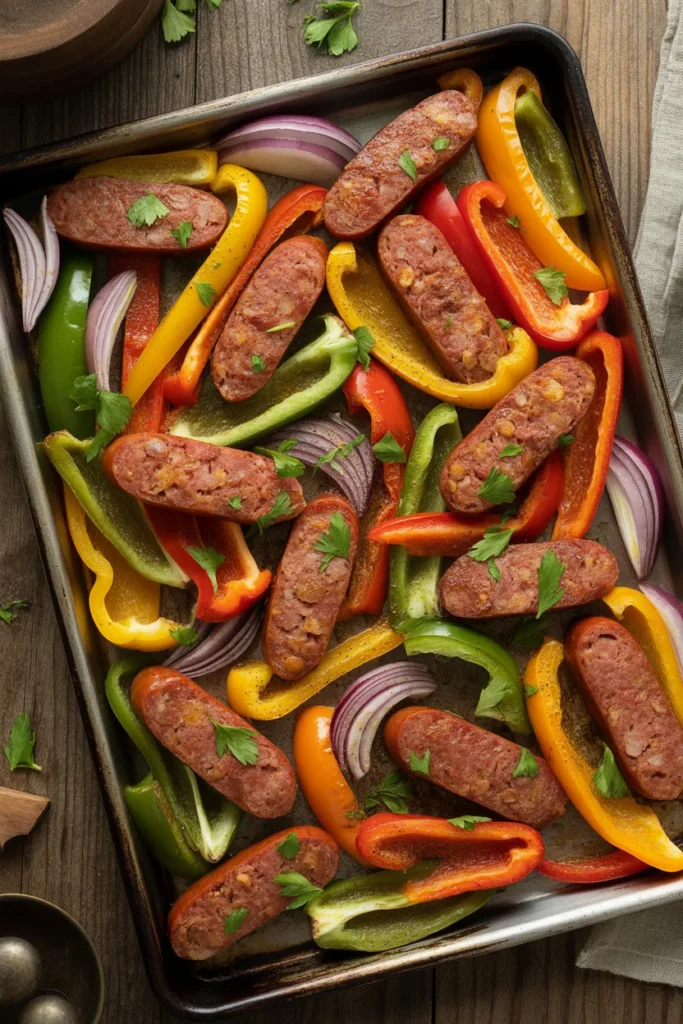  Italian sausage sheet pan dinner with roasted peppers and onions — easy one tray weeknight meal idea.