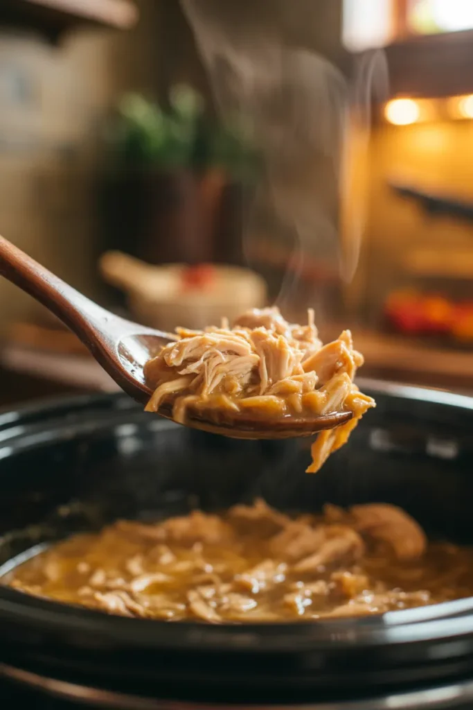 Juicy shredded crockpot chicken being lifted from a slow cooker for easy dump meal dinners.