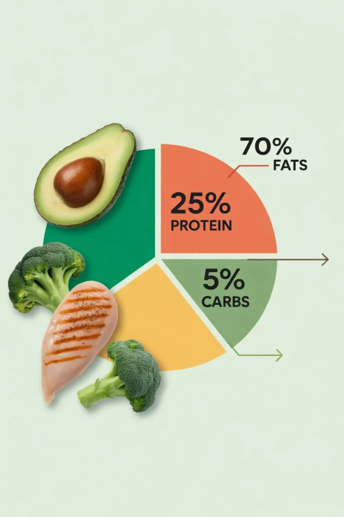 Keto diet macronutrient breakdown showing 70 percent fat, 25 percent protein, and 5 percent carbs