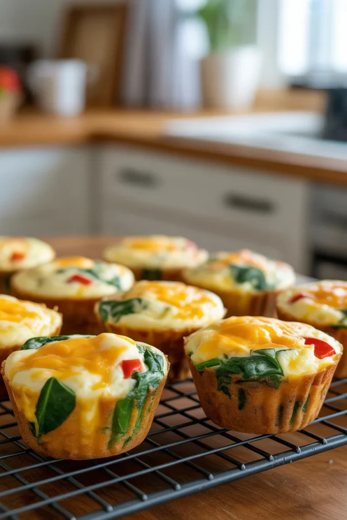 Keto egg muffin cups with spinach, cheese, and bell peppers cooling on a wire rack