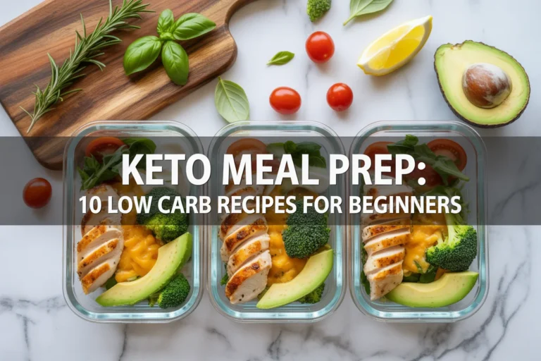 Keto meal prep containers with chicken, avocado, and broccoli — featured image for 10 low carb recipes for beginners