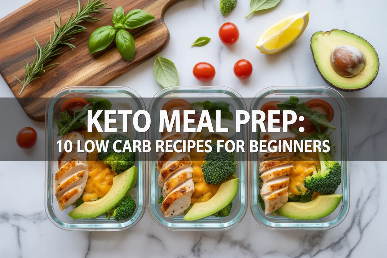 Keto meal prep containers with chicken, avocado, and broccoli — featured image for 10 low carb recipes for beginners
