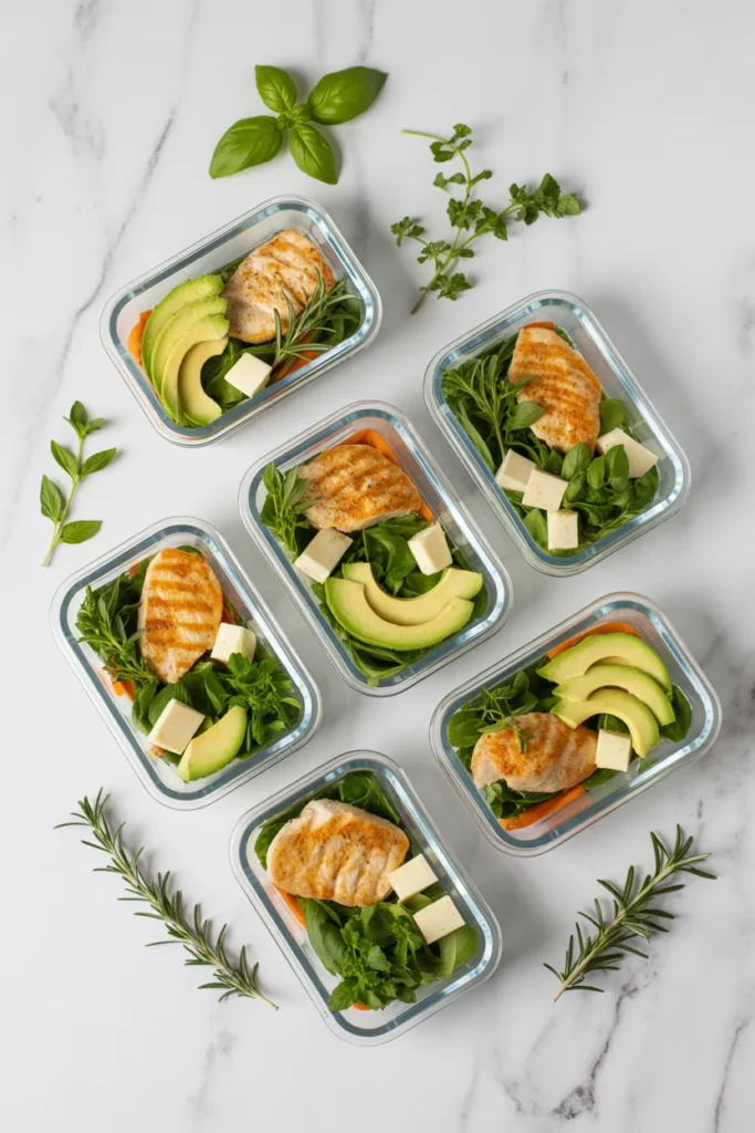 Keto meal prep containers with grilled chicken, avocado, and vegetables for weekly low carb eating