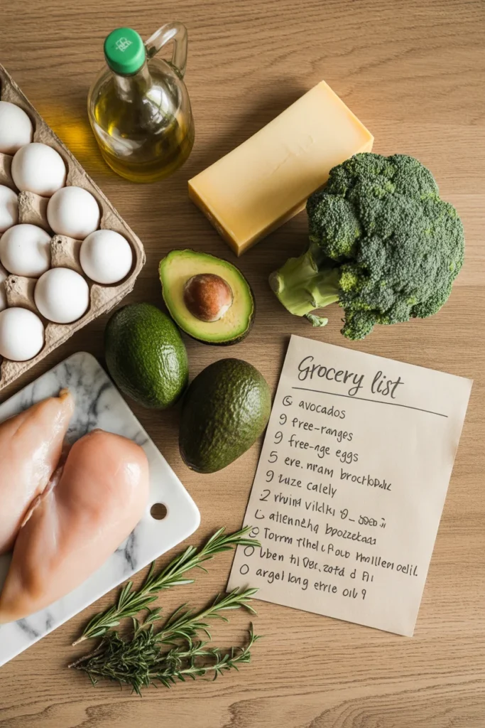 Keto meal prep grocery haul with eggs, chicken, avocados, cheese, and fresh vegetables on a wooden surface