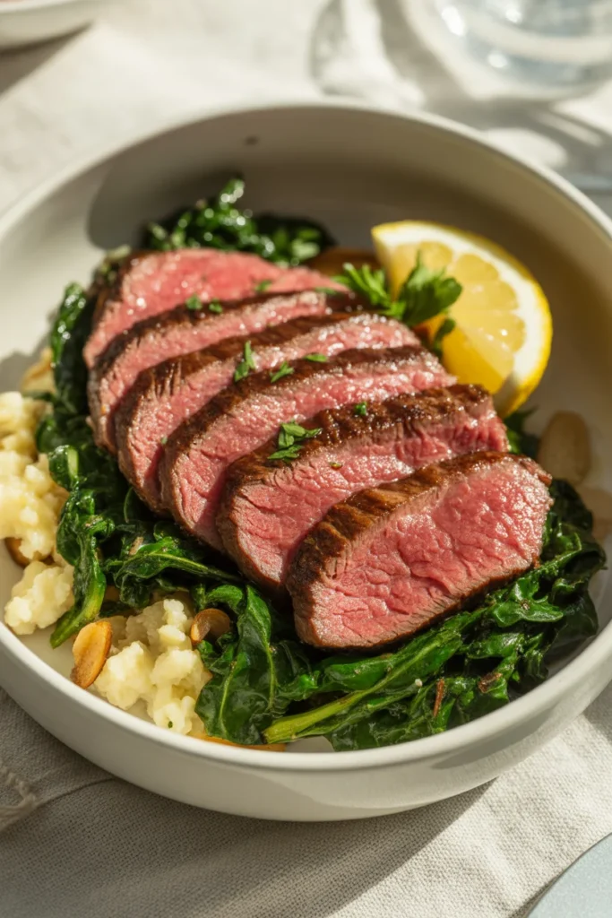 Keto steak meal prep bowl with cauliflower rice, kale, and lemon garnish