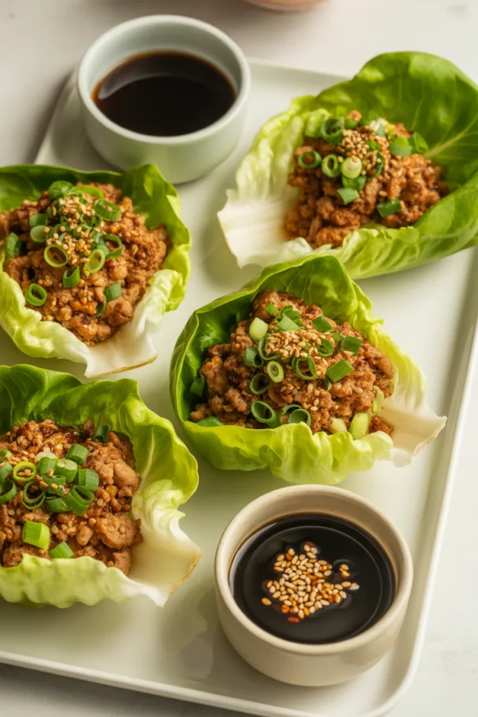  Keto turkey lettuce wraps with sesame seeds and green onions on a serving plate