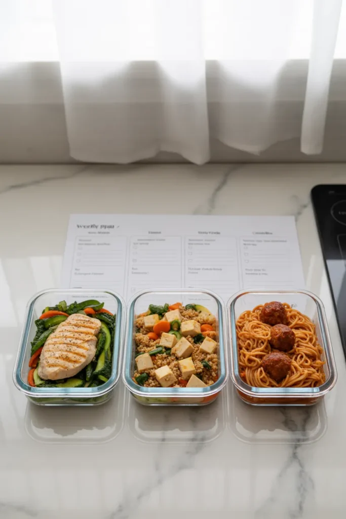 Keto, vegan, and family meal prep containers with free weekly meal plan template