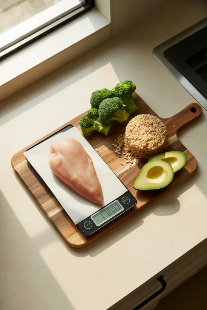 Kitchen scale weighing portioned chicken breast with broccoli, brown rice, and avocado for accurate low calorie meal prep portions.