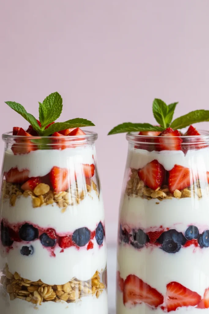 Layered Greek yogurt parfait jars with berries and granola for breakfast meal prep