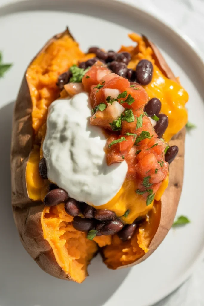 Loaded baked sweet potato with black beans and salsa — easy $2 meal prep idea