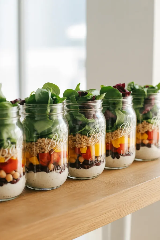 Mason jar meal prep salads with layered storage for fresh weekly lunches