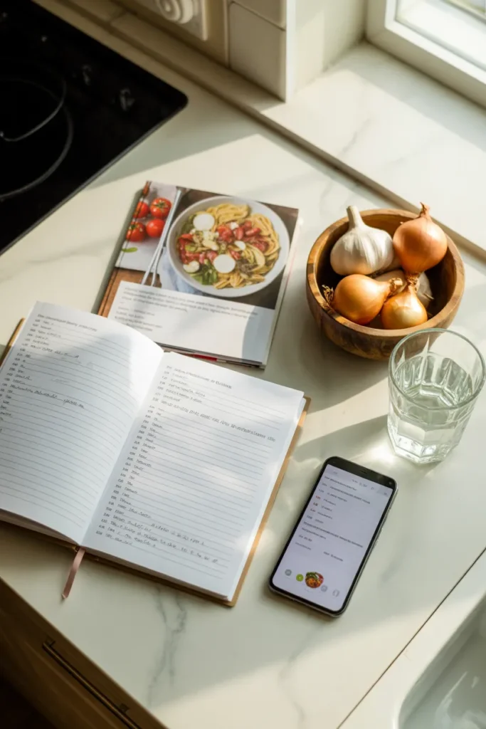 Meal planning setup with a printable grocery list, recipe book, and fresh ingredients.