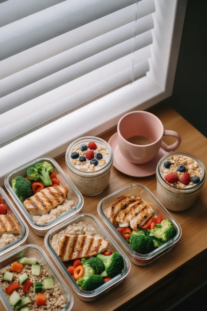 Meal prep for college students on a budget with six glass containers of chicken, rice, and overnight oats on a wooden dorm desk