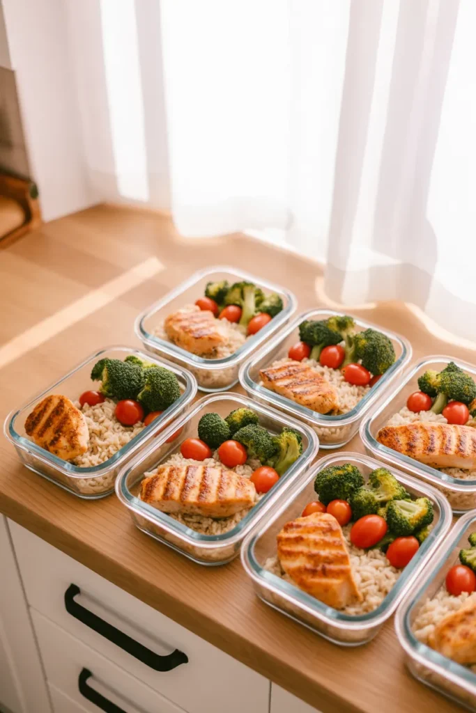 Meal prep storage containers on kitchen counter with chicken rice and veggies for weekly food prep