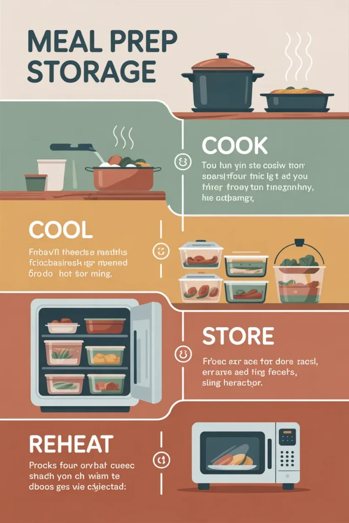 Meal prep storage timeline infographic from cook to cool to fridge food safety guide