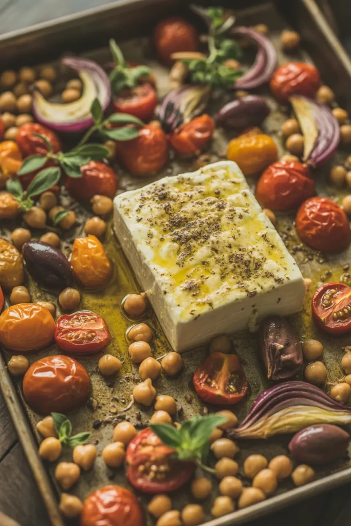 Mediterranean baked feta with chickpeas, cherry tomatoes, and olives on one sheet pan — vegetarian dinner idea.
