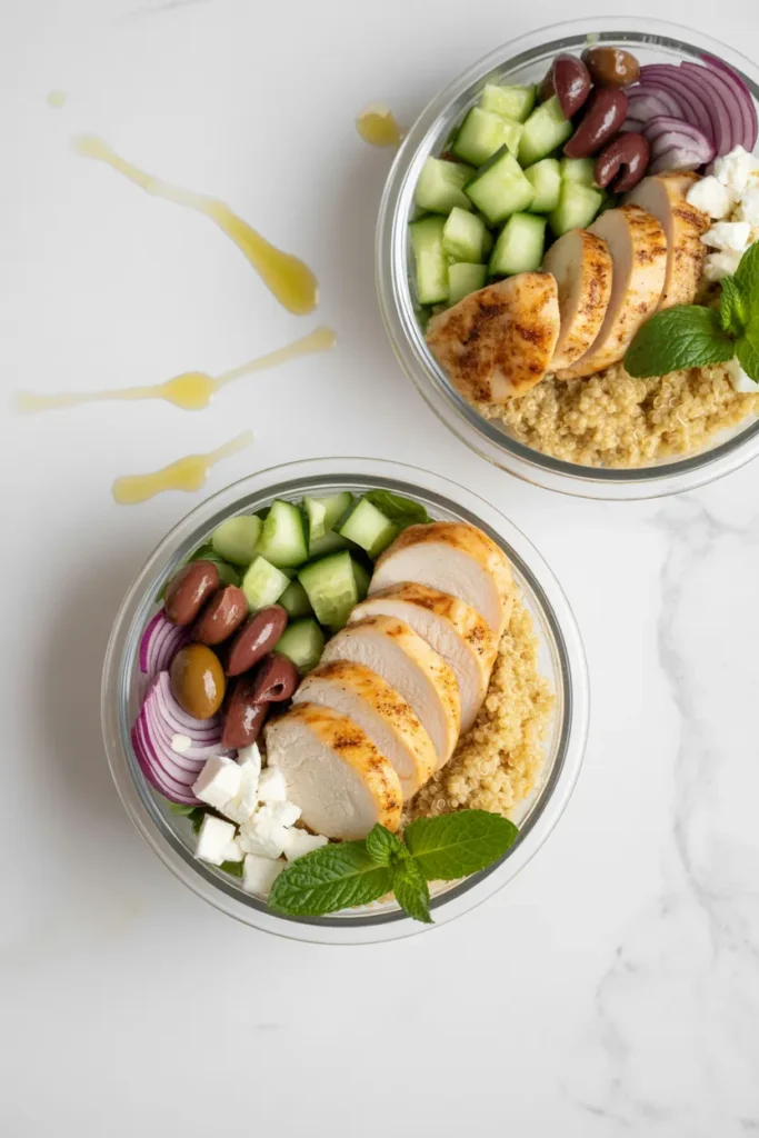 Mediterranean chicken quinoa meal prep bowls high protein lunch