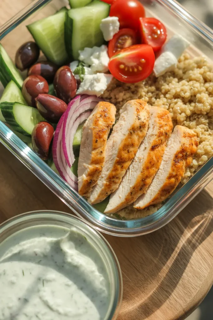 Mediterranean chicken quinoa meal prep lunch bowl for work with feta and tzatziki