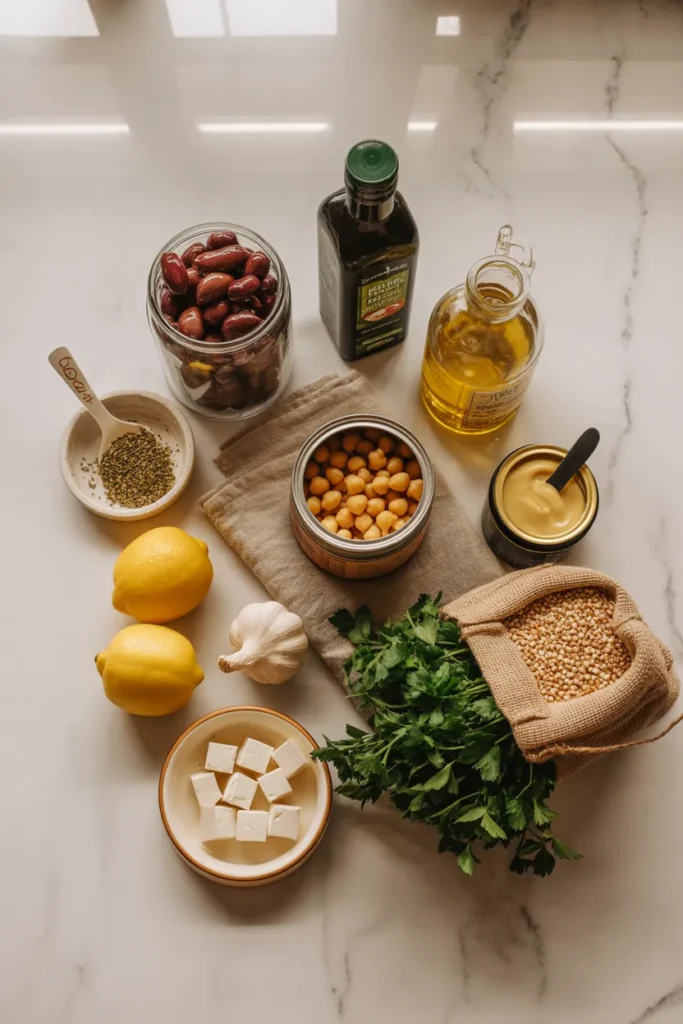 Mediterranean diet pantry essentials including olive oil, kalamata olives, chickpeas, lemons, tahini, feta, parsley, and quinoa on a marble counter.