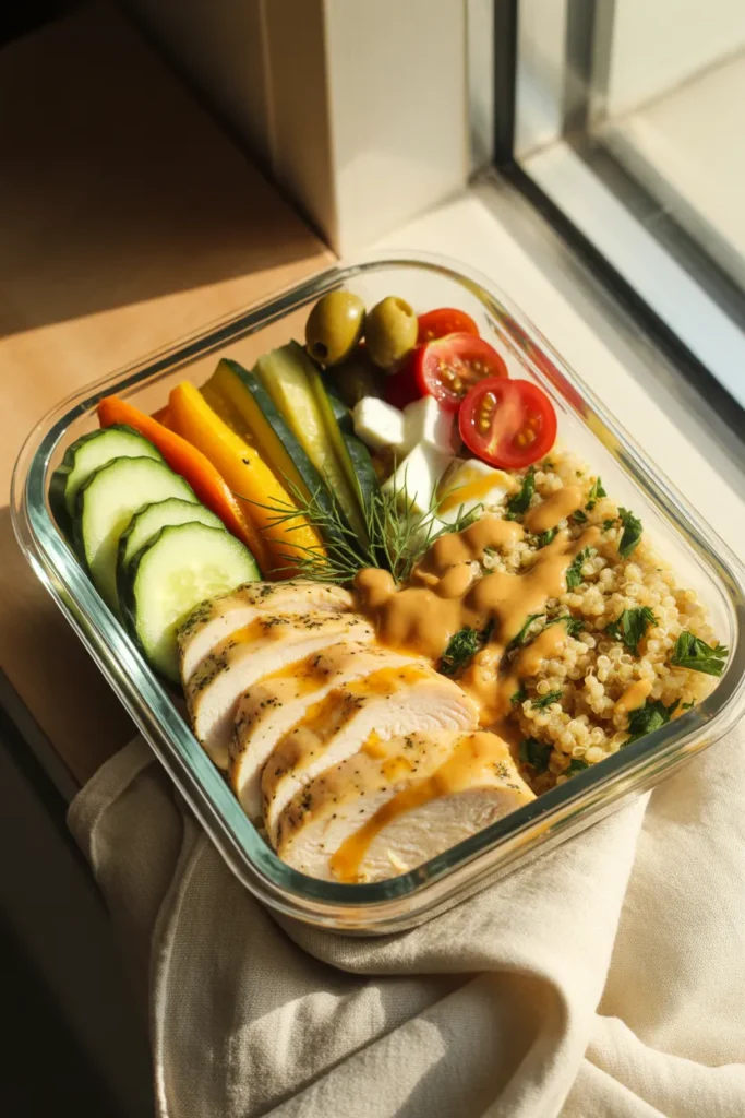 Mediterranean lemon herb chicken meal prep bowl with quinoa, roasted vegetables, cucumber, tomatoes, olives, feta, and tahini sauce in a glass container.