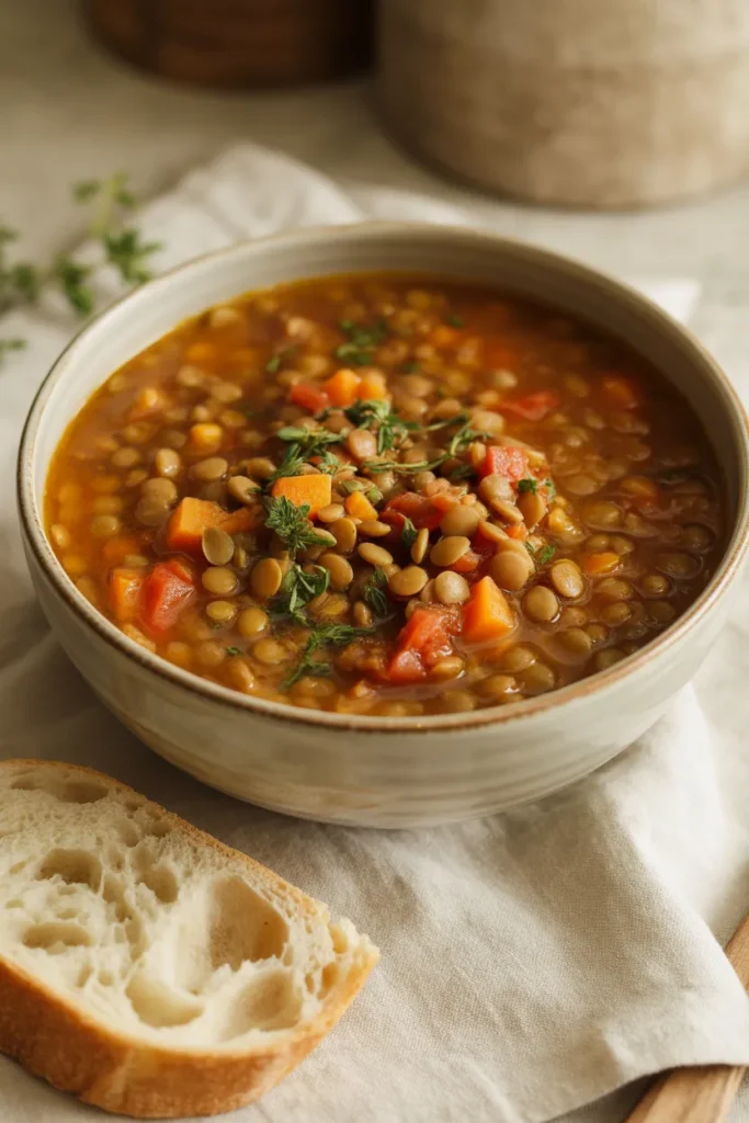 Mediterranean lentil soup recipe for weight loss meal prep — high fiber, low calorie comfort food