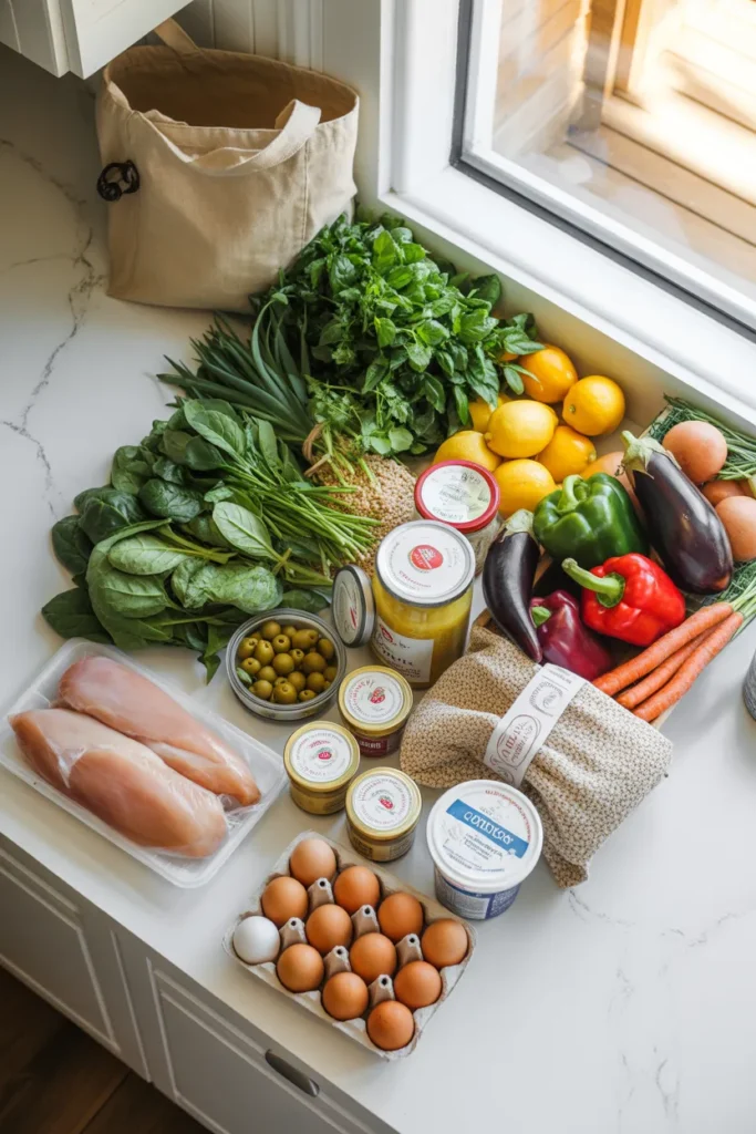 Mediterranean meal prep grocery haul including produce, chicken, olives, tahini, quinoa, eggs, and Greek yogurt arranged on a kitchen counter.