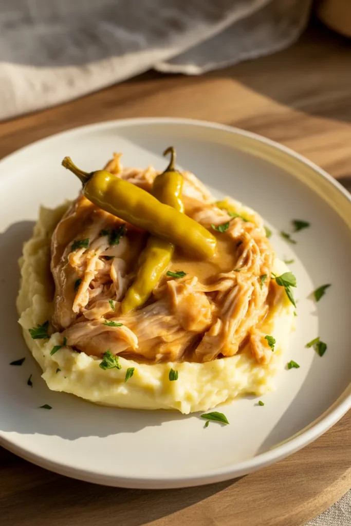  Mississippi crockpot chicken dump recipe served over mashed potatoes with pepperoncini and butter.