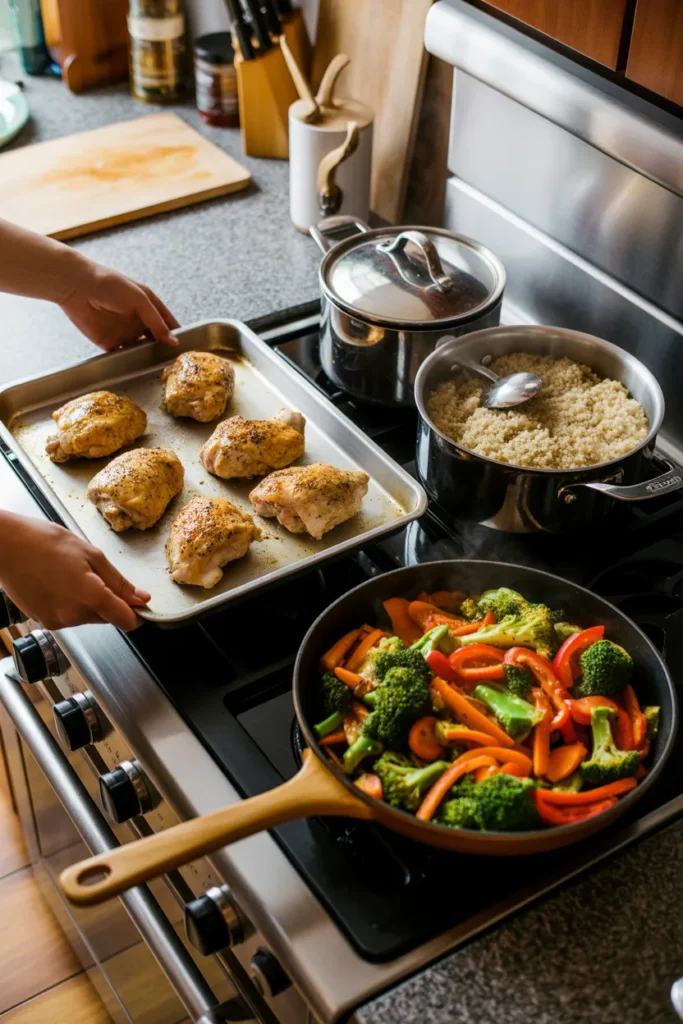 Multitasking during Sunday meal prep with chicken in oven, quinoa on stove, and vegetables in skillet