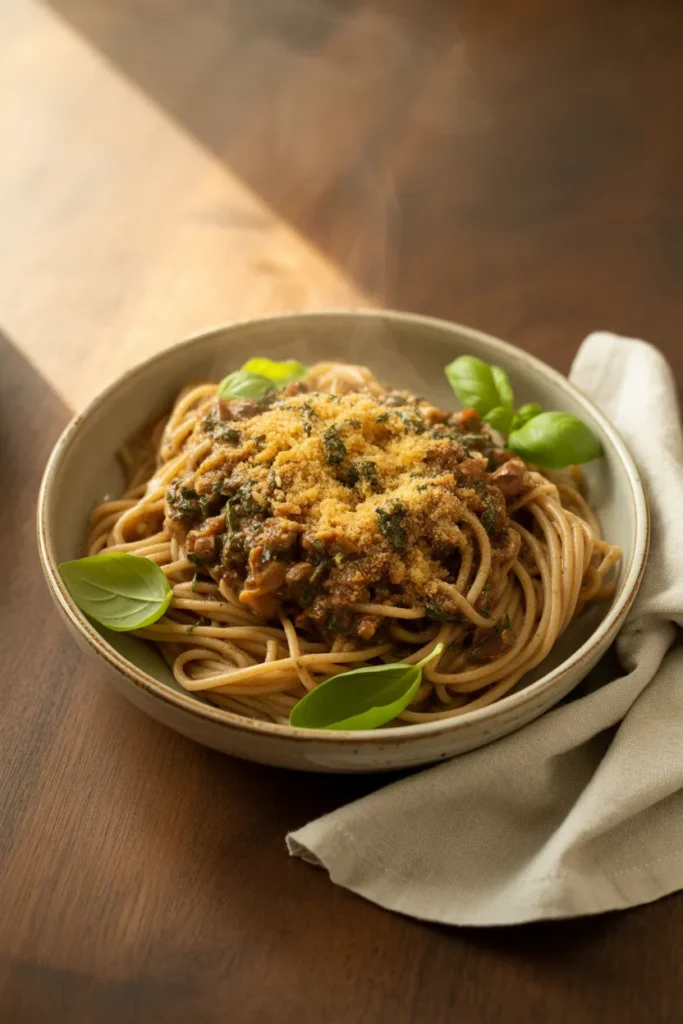 Mushroom walnut bolognese pasta recipe plant based vegan meal prep dinner