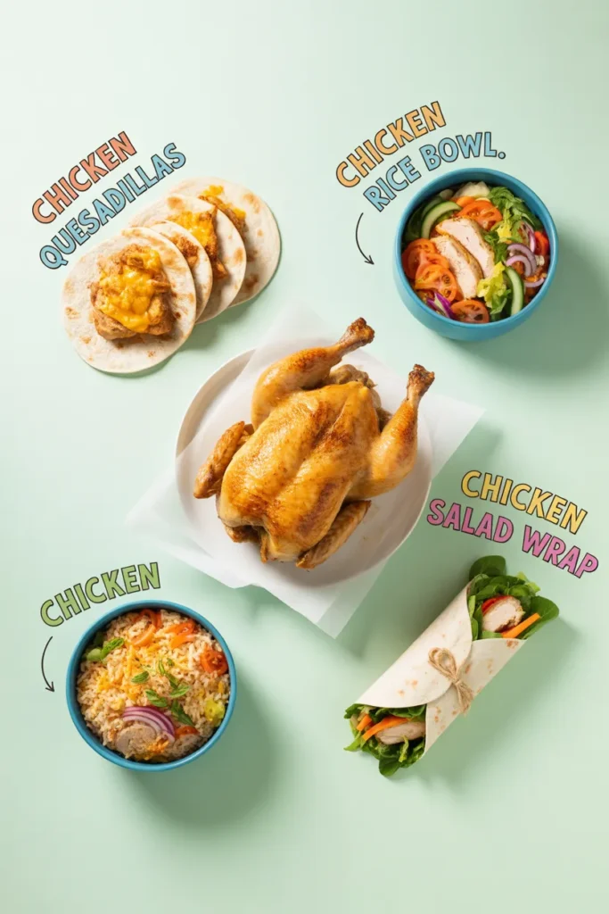 One rotisserie chicken three meals idea for college meal prep on a budget showing quesadillas, rice bowls, and wraps