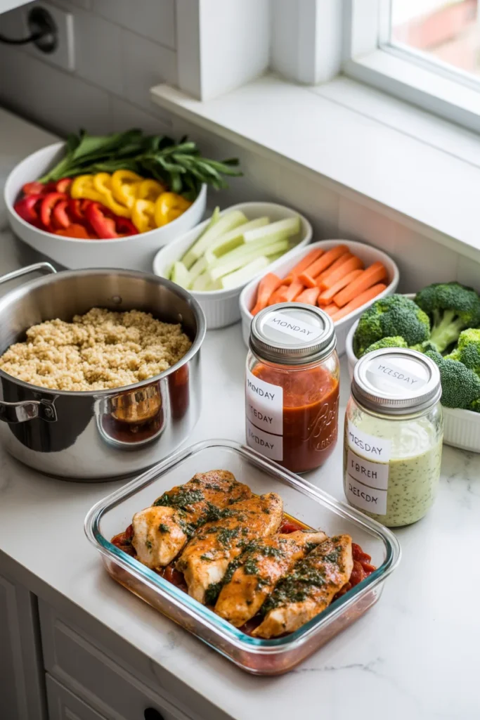 Organized Sunday meal prep setup with cooked quinoa, marinated chicken, chopped vegetables, and homemade sauces in labeled containers
