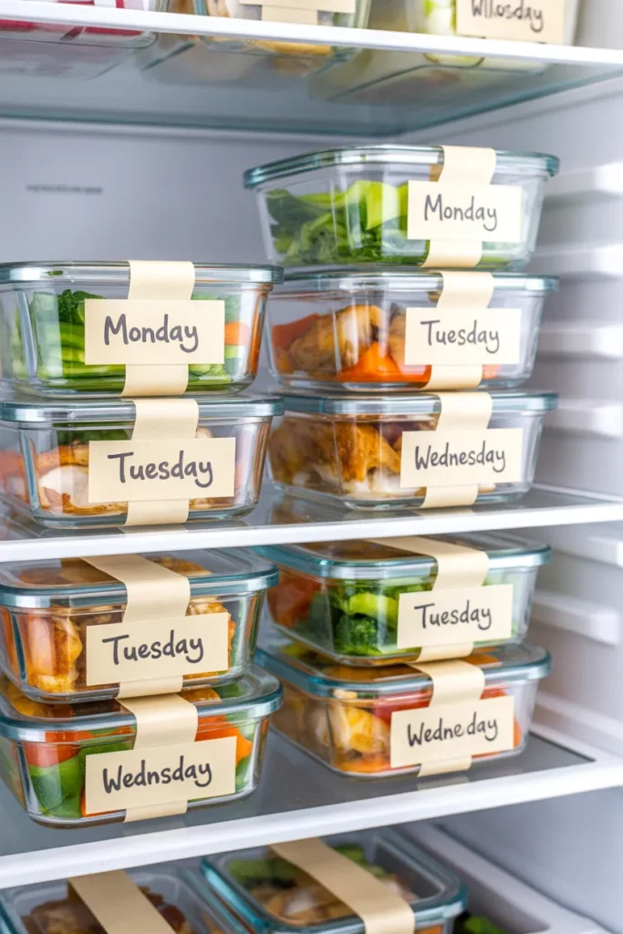 Organized chicken meal prep containers in refrigerator for the week