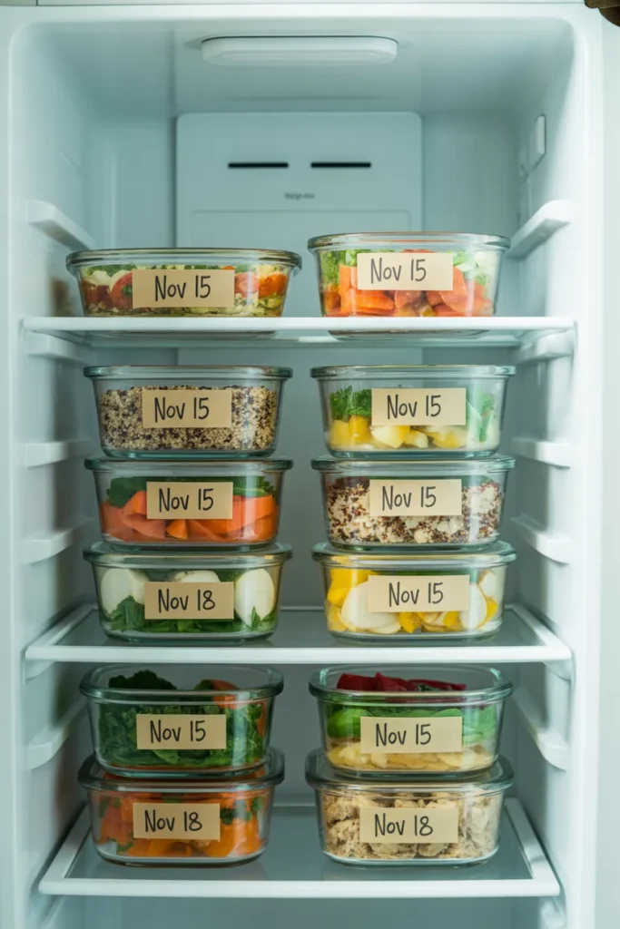 Organized fridge meal prep storage with labeled containers and dates for food safety