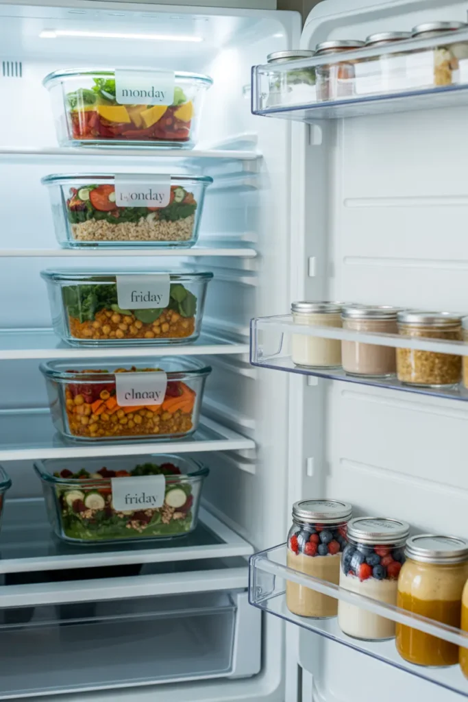 Organized fridge with vegan meal prep containers labeled by day of the week