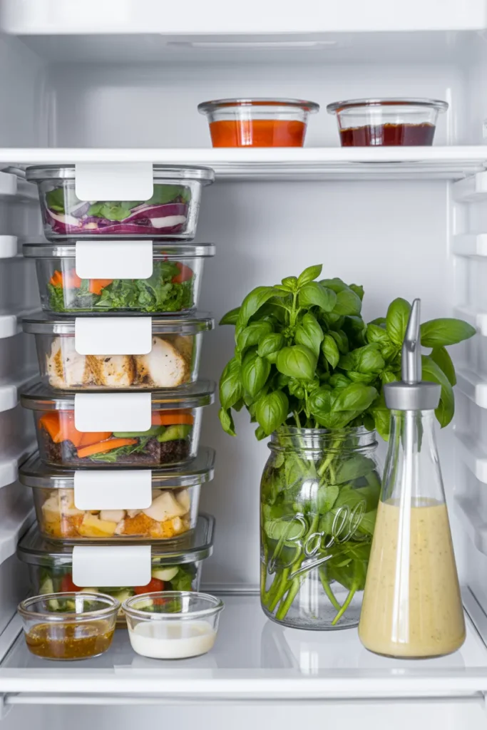 Organized fridge with weekly healthy lunch meal prep for work in glass containers