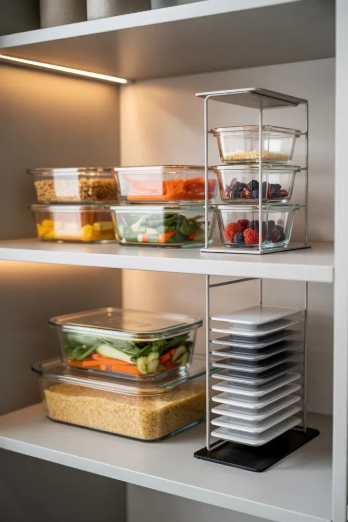 Organized kitchen cabinet with neatly stacked meal prep containers sorted by size and lids stored vertically in a lid organizer