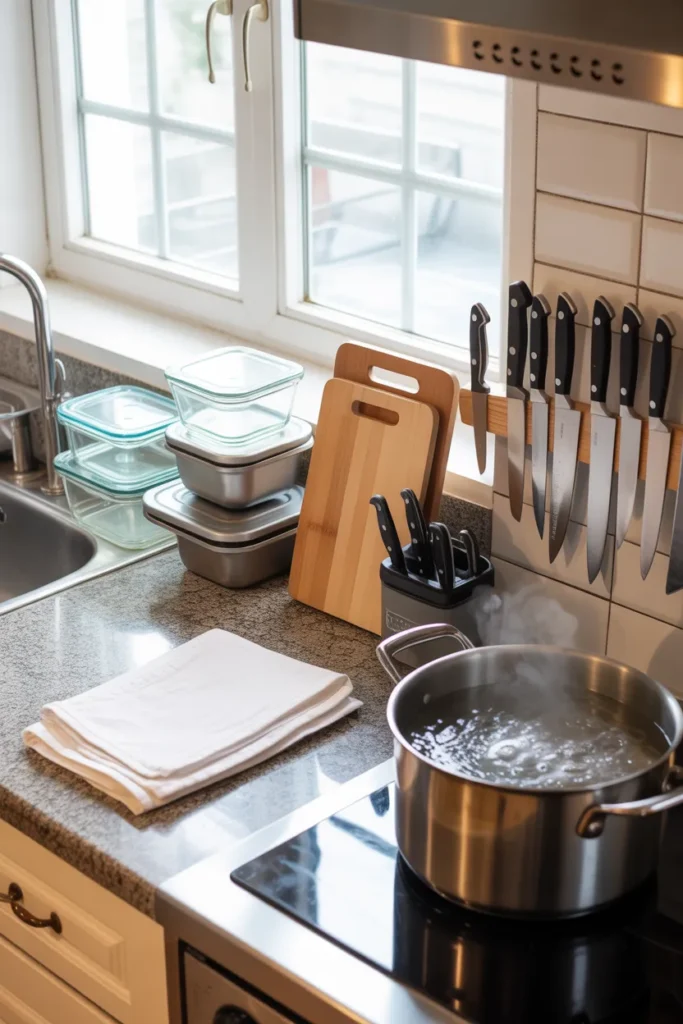  Organized kitchen counter set up for Sunday meal prep with glass containers, cutting boards, and boiling water on stove