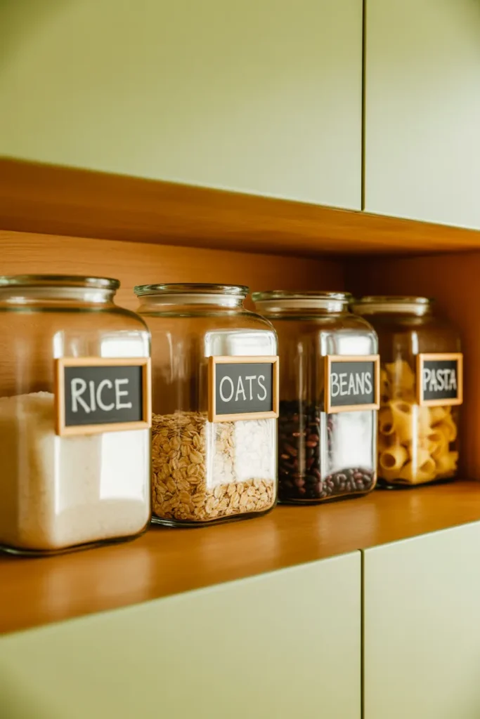 Organized pantry staples shelf for weekly meal prep grocery planning.