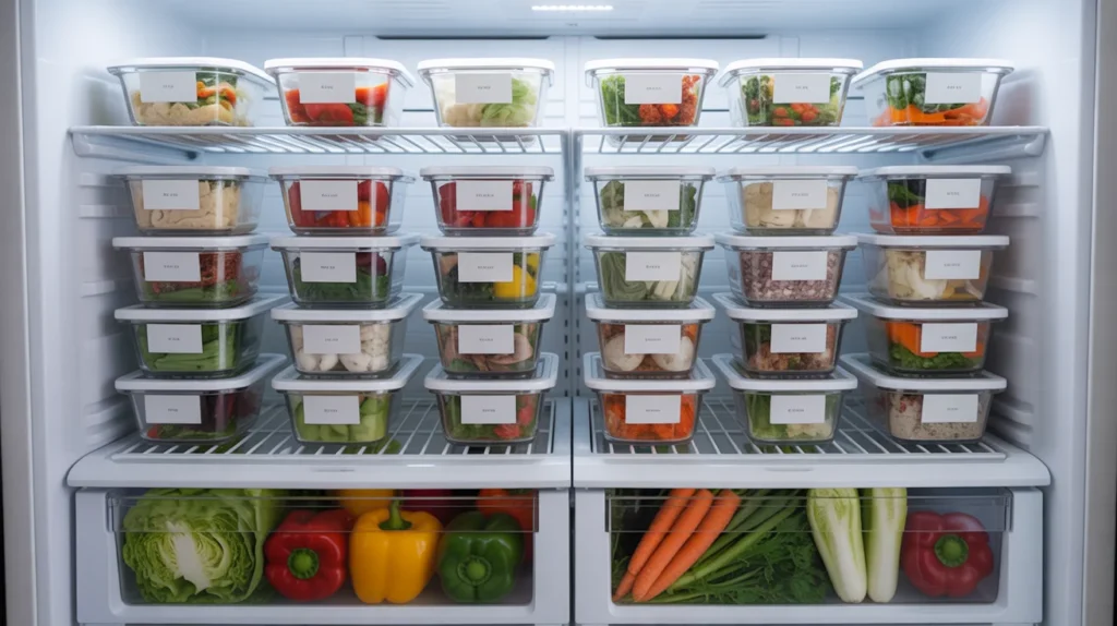  Organized refrigerator filled with labeled glass meal prep containers and fresh produce in drawers