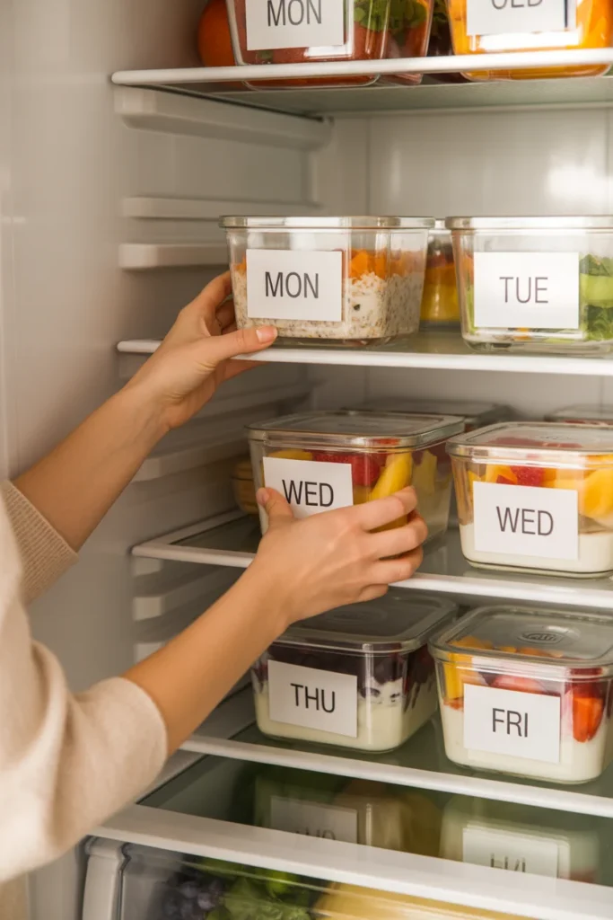 Organized refrigerator with labeled breakfast meal prep containers for each day of the week