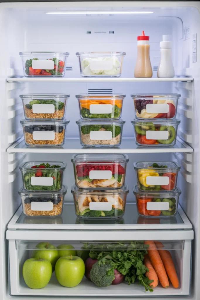 Organized refrigerator with labeled glass meal prep containers filled with prepped weeknight dinners — meal prep organization tips