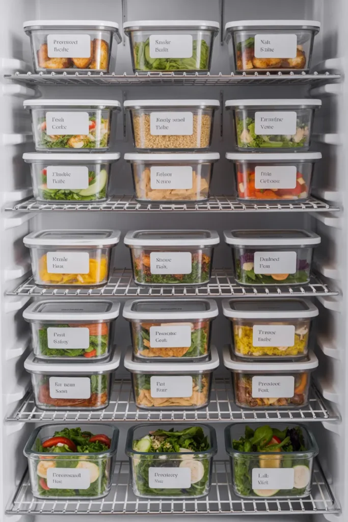 Organized refrigerator with labeled glass meal prep containers showing portioned meals for the week after Sunday meal prep