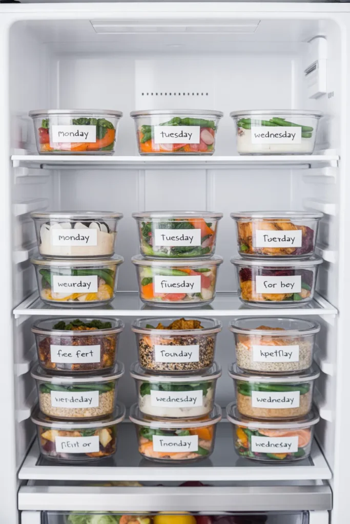 Organized refrigerator with labeled high protein meal prep containers for weekly muscle building nutrition
