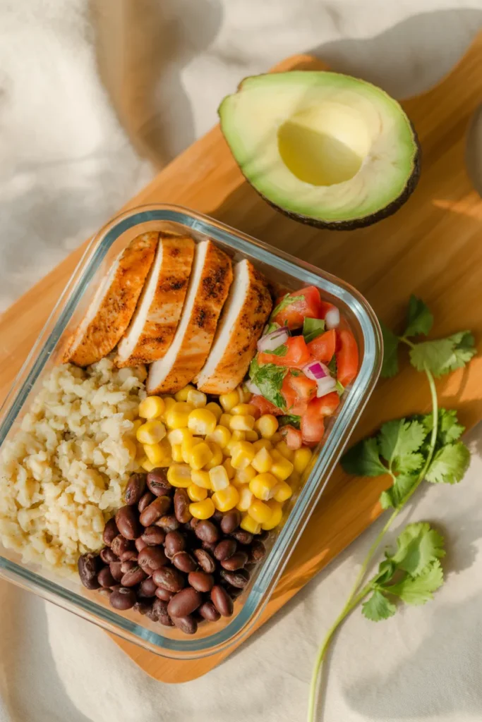 Overhead view of a chicken burrito bowl meal prep container with cauliflower rice, grilled chicken, black beans, and roasted corn.