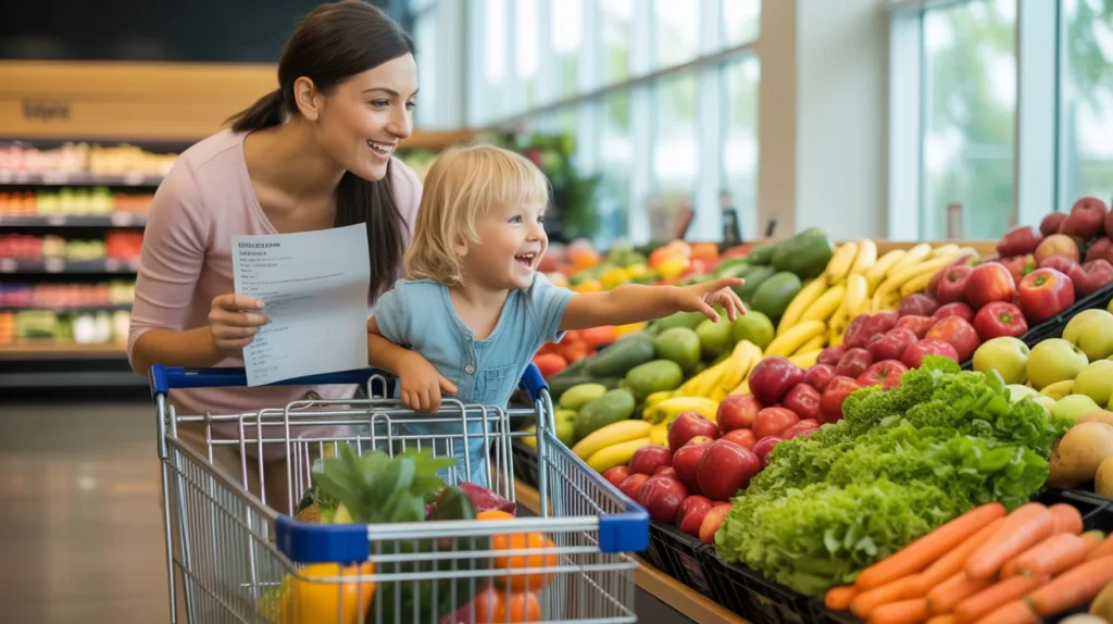 Parent and child grocery shopping together with a printed meal prep grocery list in a produce section