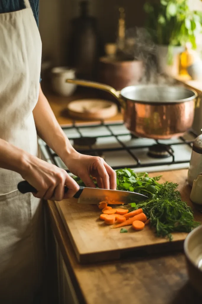 Person chopping fresh vegetables during a Sunday meal prep session in a warm, organized kitchen