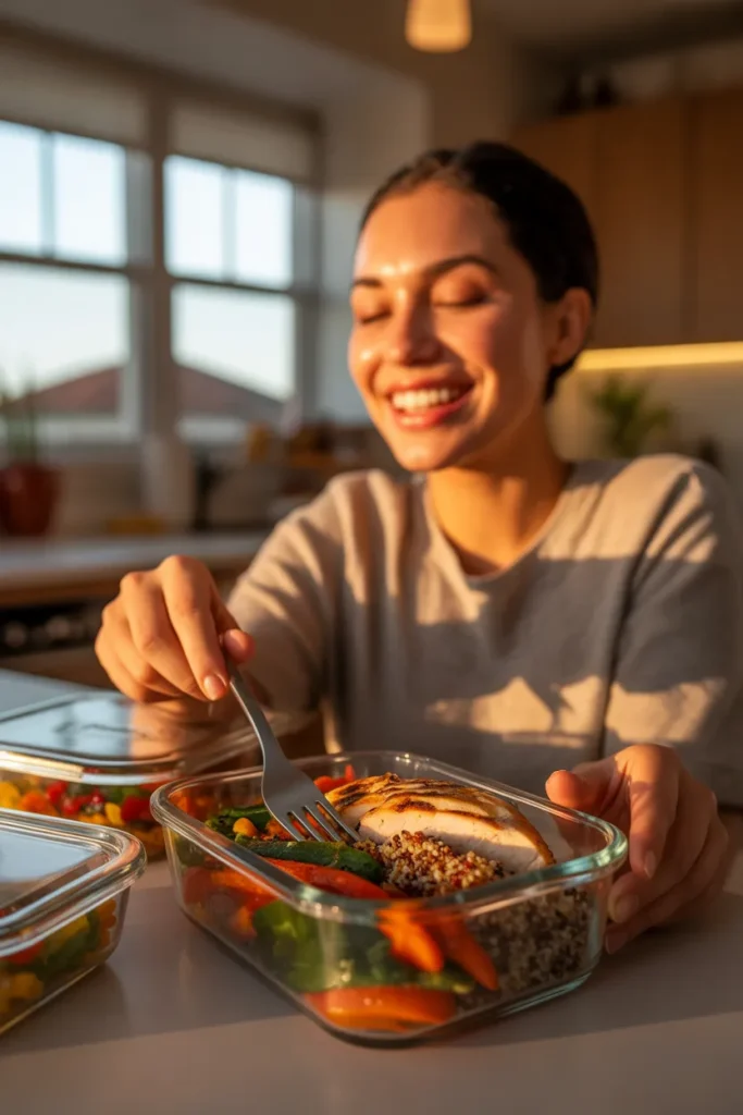 Person enjoying a prepped healthy weeknight dinner from a glass meal prep container, showing the benefit of a Sunday meal prep routine