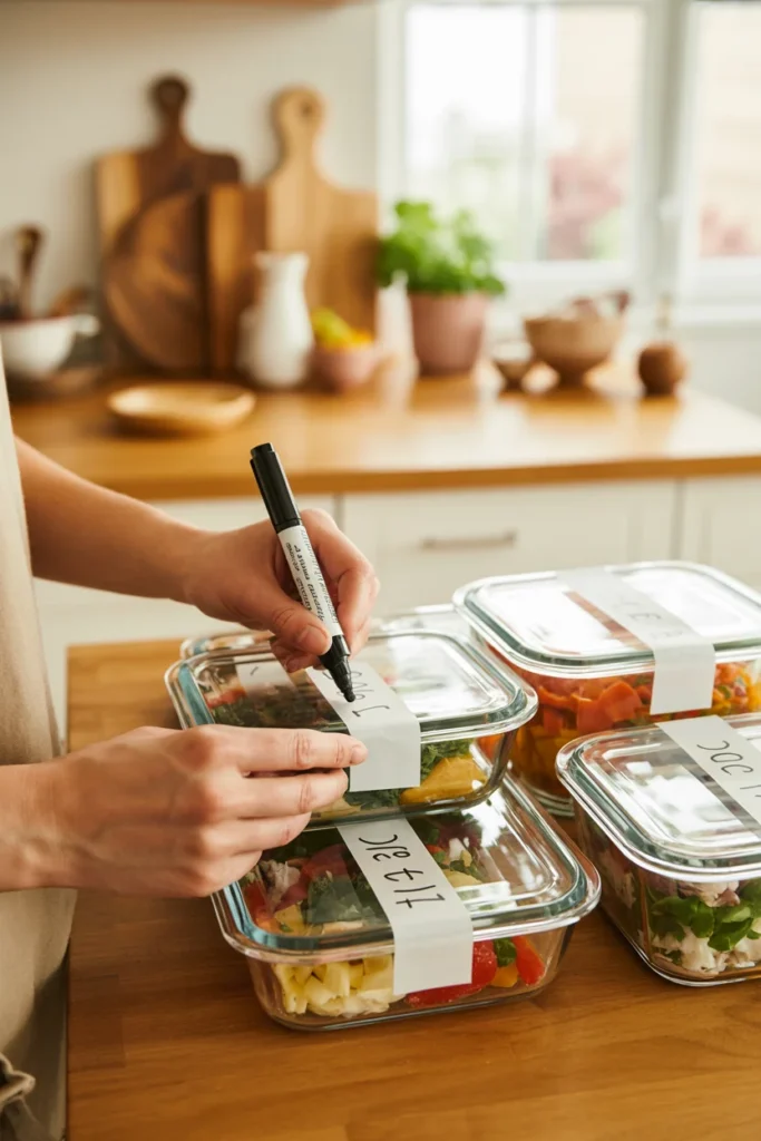 Person labeling glass meal prep containers with dates using masking tape and a marker in a cozy kitchen setting