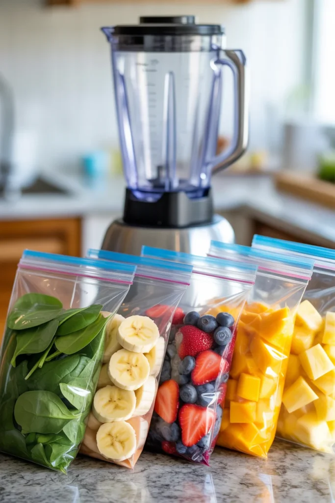Pre-portioned smoothie freezer packs with fruits and vegetables for quick breakfast meal prep