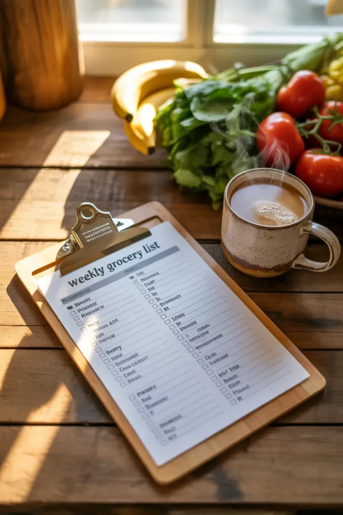 Printable cheap grocery list for meal prep on a budget with coffee and produce